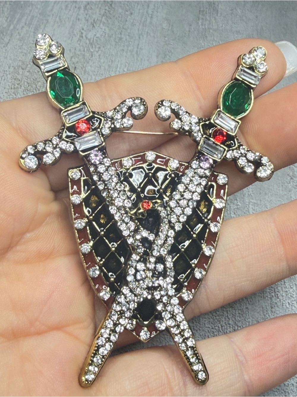 Sword and Shield Brooch Serpent Rhinestones 3 inches